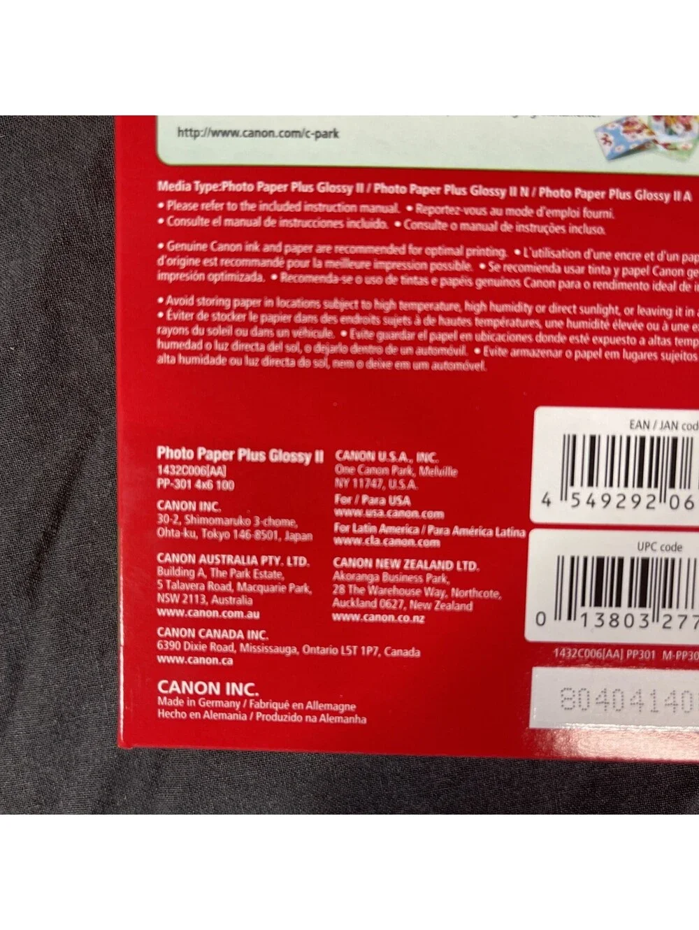 Genuine Canon Photo Paper Plus Glossy II 4x6 - PP-301, 100 Sheets, Genuine -NEW